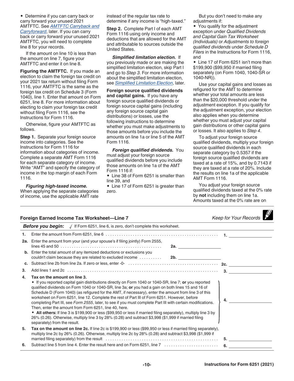 Instructions for IRS Form 6251 Alternative Minimum Tax - Individuals, Page 10