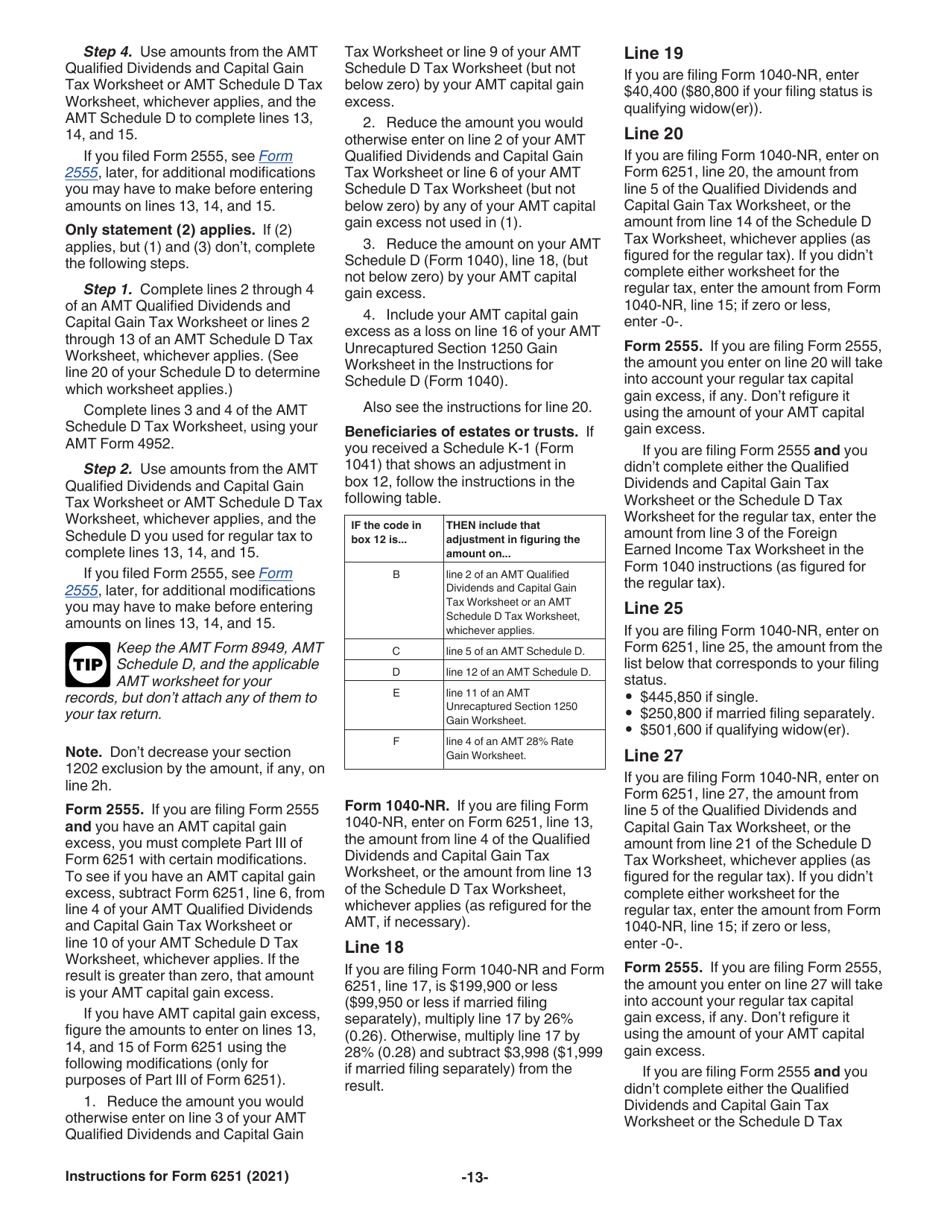 Instructions for IRS Form 6251 Alternative Minimum Tax - Individuals, Page 13