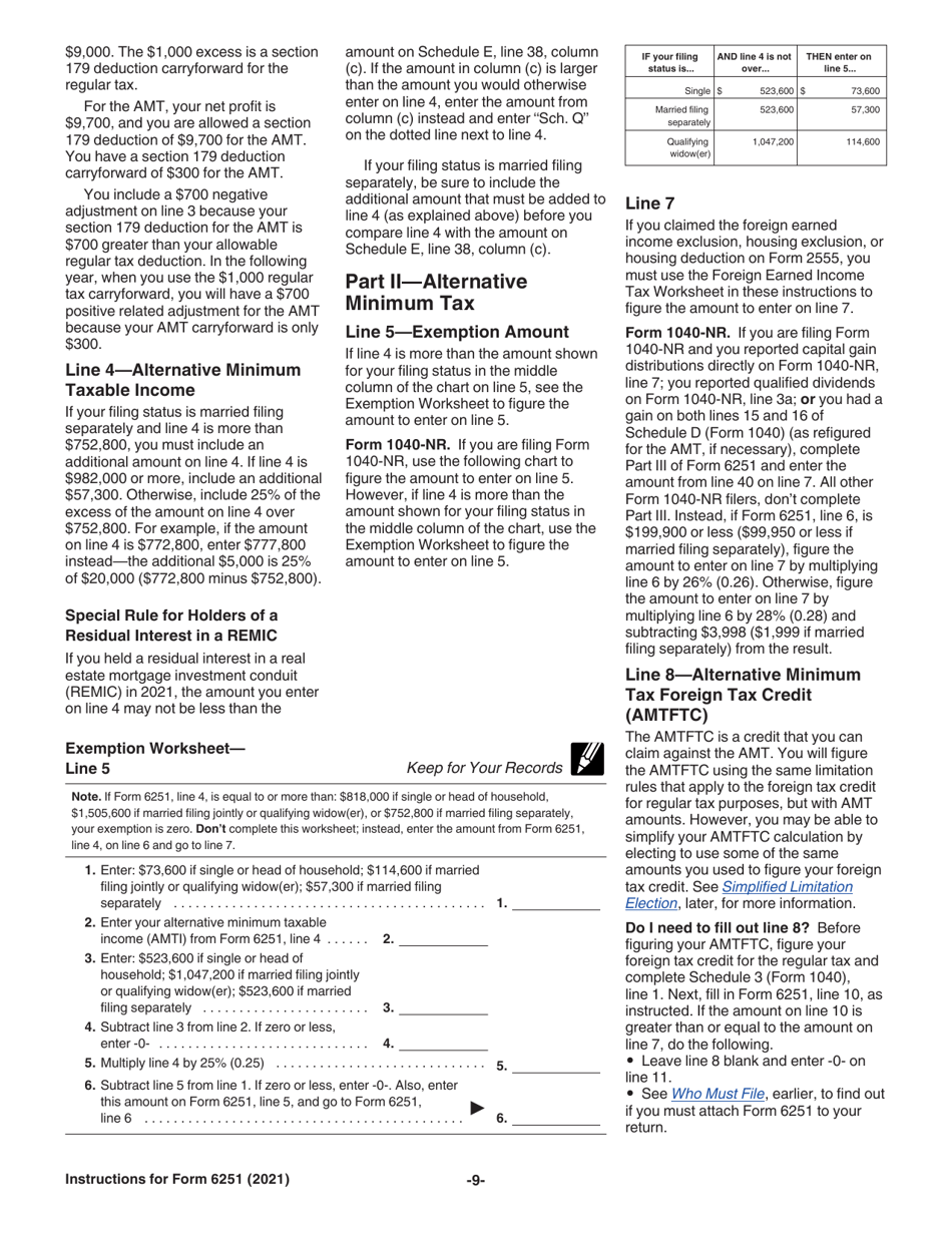 Instructions for IRS Form 6251 Alternative Minimum Tax - Individuals, Page 9