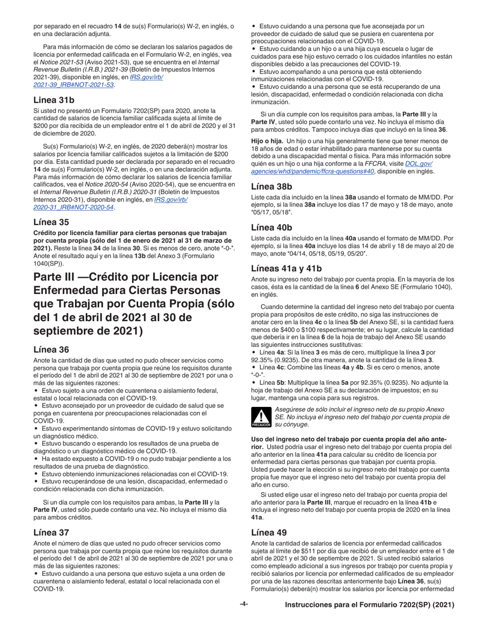 Instrucciones para IRS Formulario 7202(SP) Creditos Por Licencia Por Enfermedad Y Licencia Familiar Para Ciertas Personas Que Trabajan Por Cuenta Propia (Spanish), Page 4