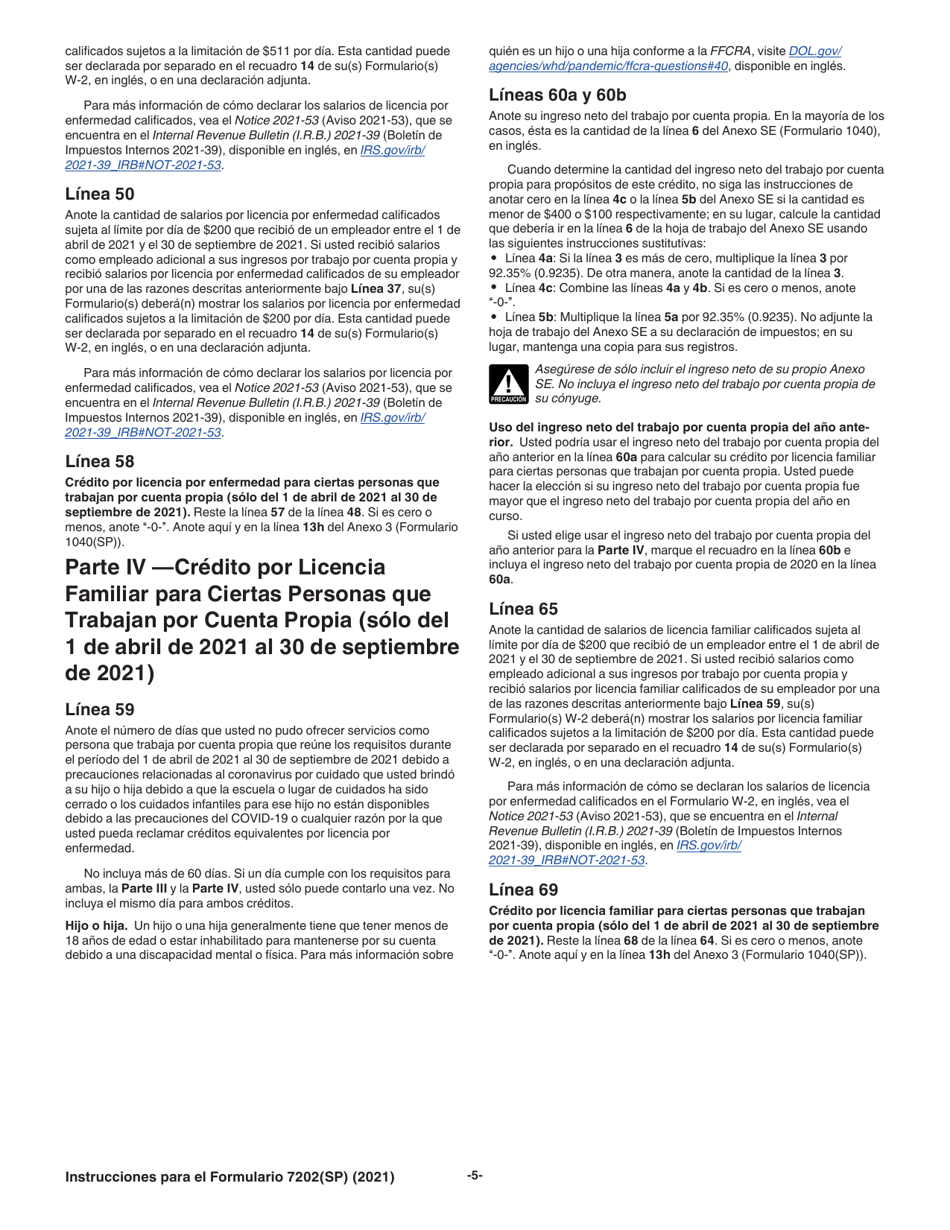 Instrucciones para IRS Formulario 7202(SP) Creditos Por Licencia Por Enfermedad Y Licencia Familiar Para Ciertas Personas Que Trabajan Por Cuenta Propia (Spanish), Page 5