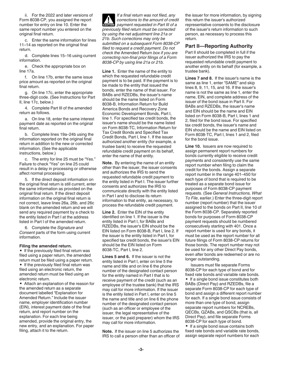 Instructions for IRS Form 8038-CP Return for Credit Payments to Issuers of Qualified Bonds, Page 3
