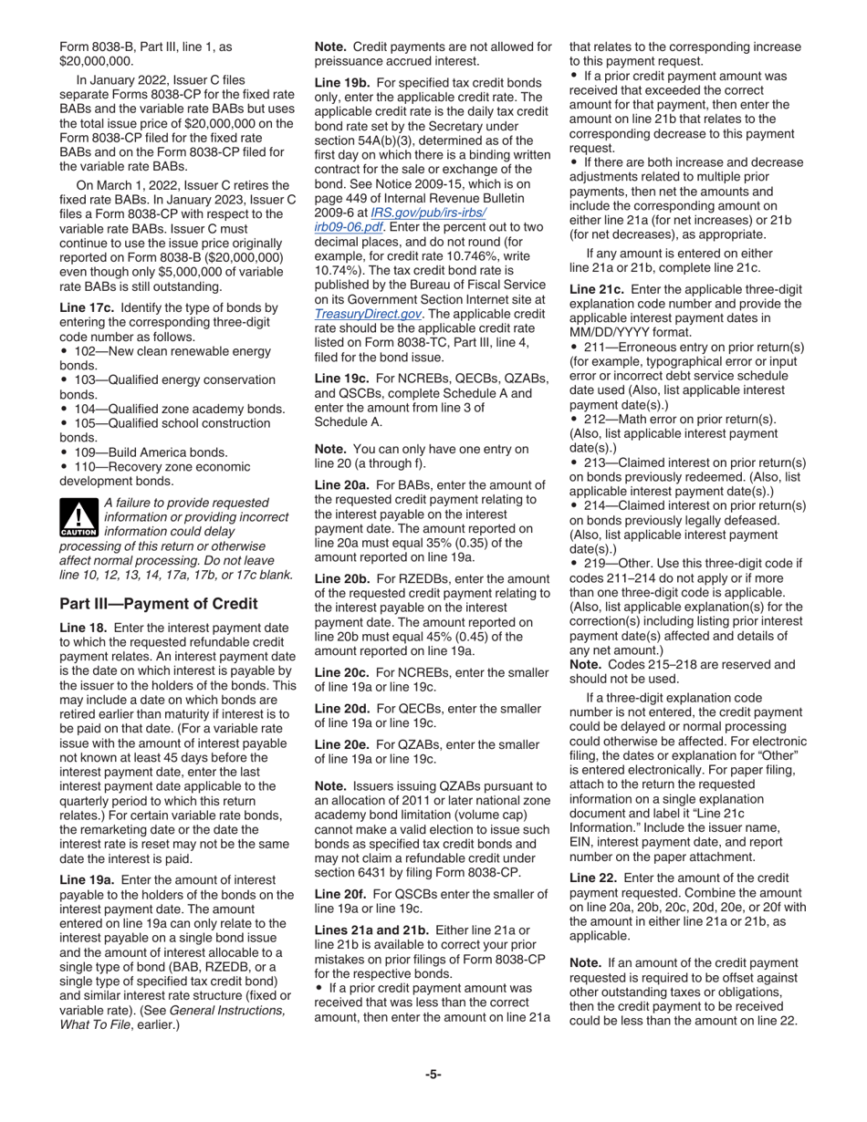 Instructions for IRS Form 8038-CP Return for Credit Payments to Issuers of Qualified Bonds, Page 5