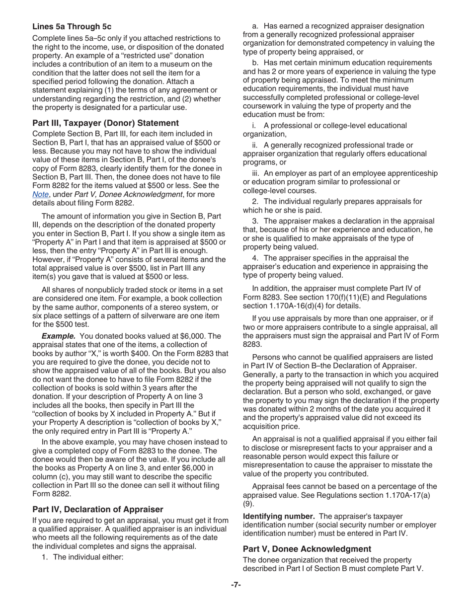 Instructions for IRS Form 8283 Noncash Charitable Contributions, Page 7