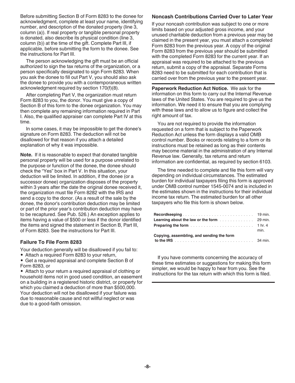 Download Instructions for IRS Form 8283 Noncash Charitable
