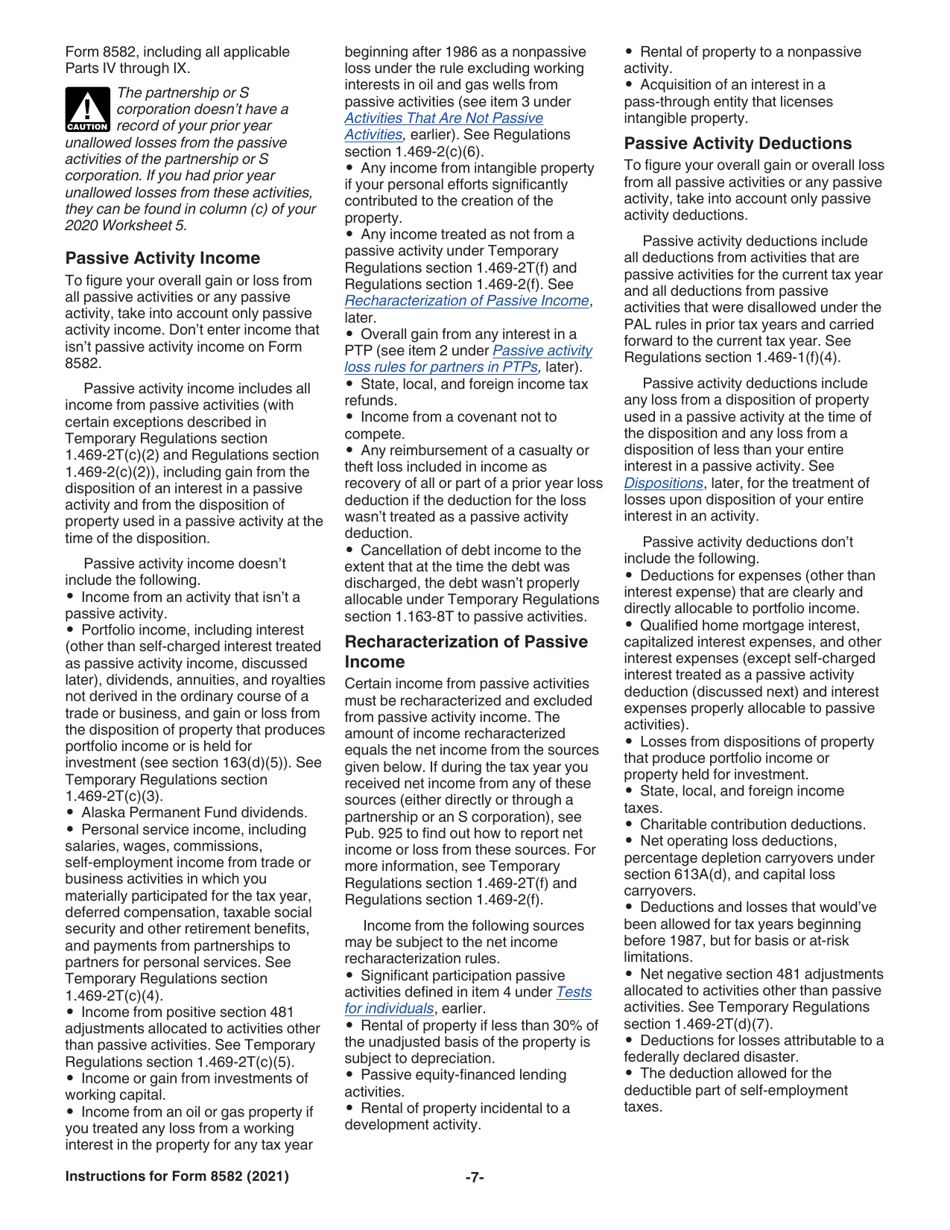 Instructions for IRS Form 8582 Passive Activity Loss Limitations, Page 7