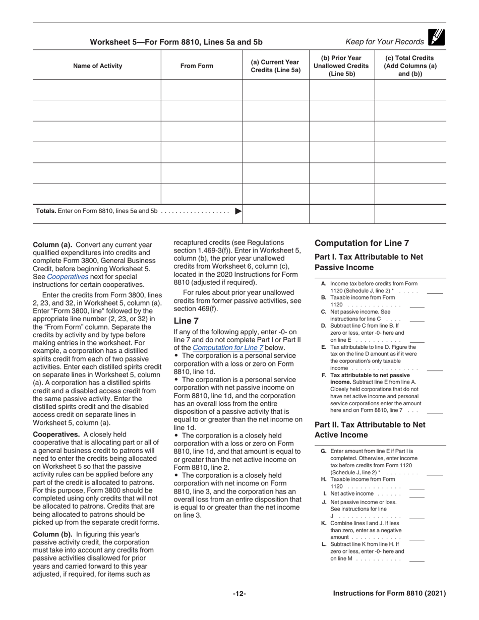 Instructions for IRS Form 8810 Corporate Passive Activity Loss and Credit Limitations, Page 12