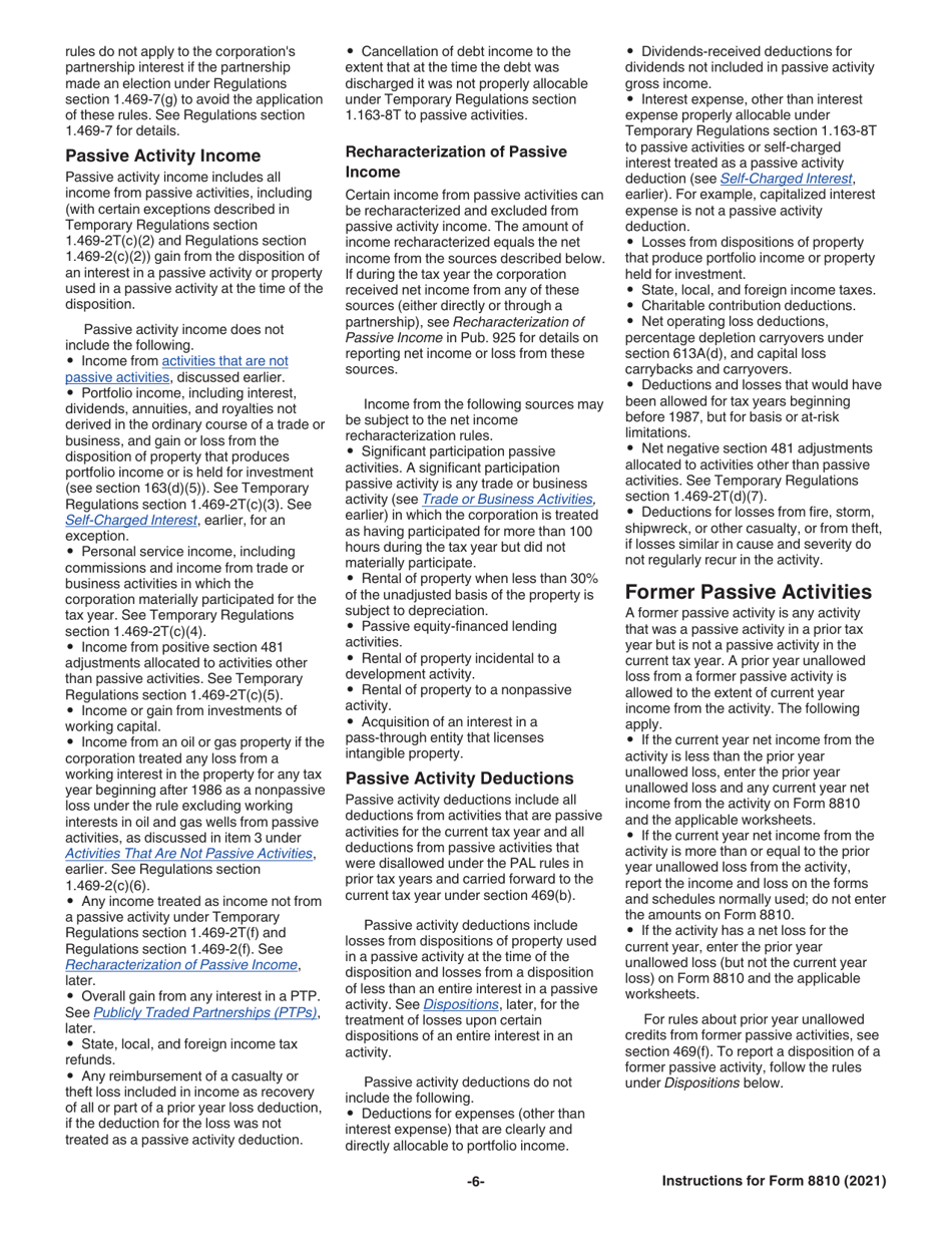 Instructions for IRS Form 8810 Corporate Passive Activity Loss and Credit Limitations, Page 6