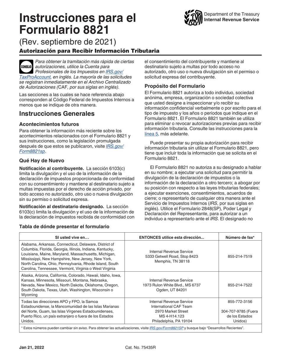 Instrucciones para IRS Formulario 8821 Autorizacion Para Recibir Informacion Tributaria (Spanish), Page 1