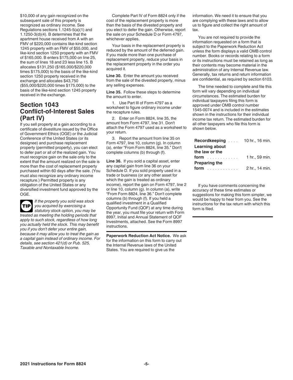 Instructions for IRS Form 8824 Like-Kind Exchanges (And Section 1043 Conflict-Of-Interest Sales), Page 5