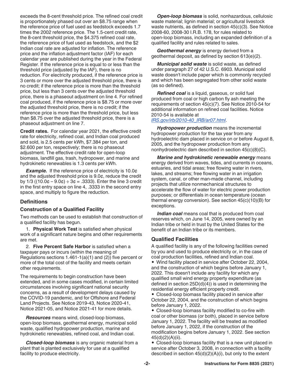 Instructions for IRS Form 8835 Renewable Electricity, Refined Coal, and Indian Coal Production Credit, Page 2