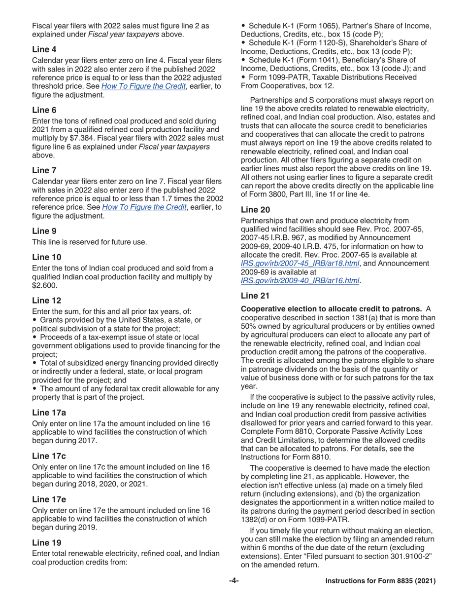 Instructions for IRS Form 8835 Renewable Electricity, Refined Coal, and Indian Coal Production Credit, Page 4