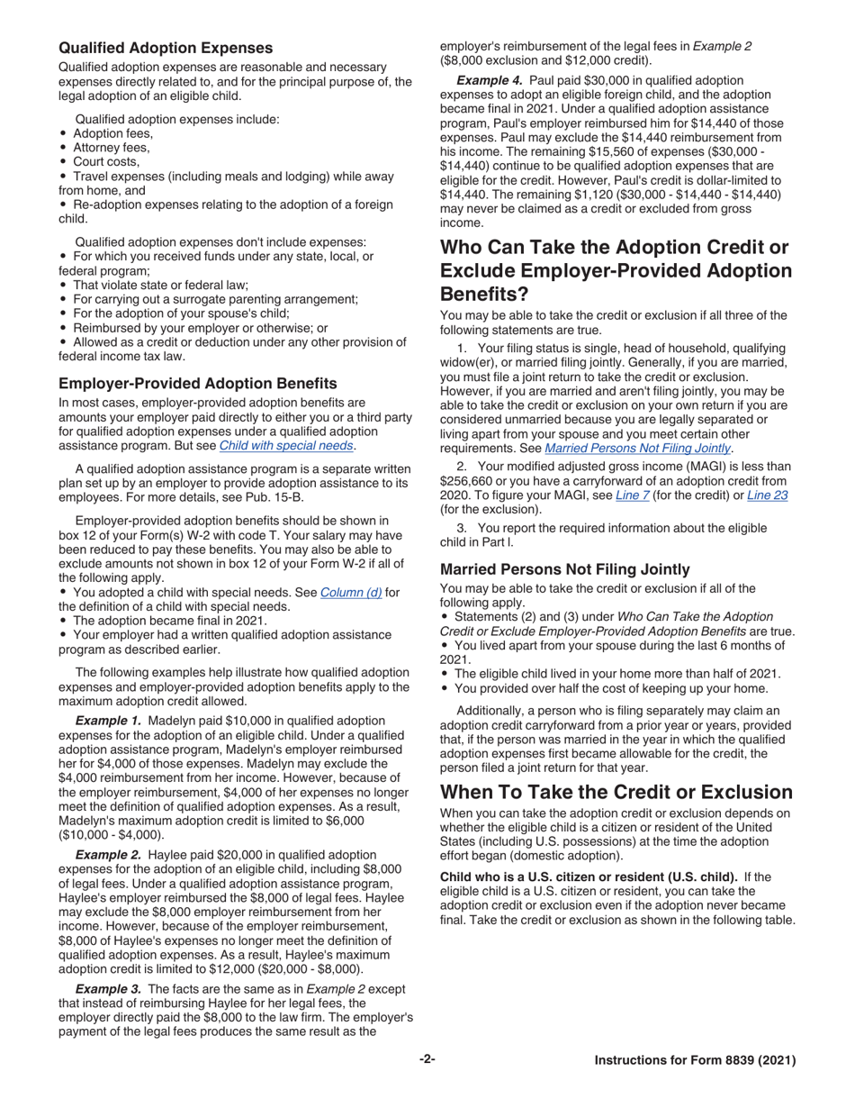 Instructions for IRS Form 8839 Qualified Adoption Expenses, Page 2