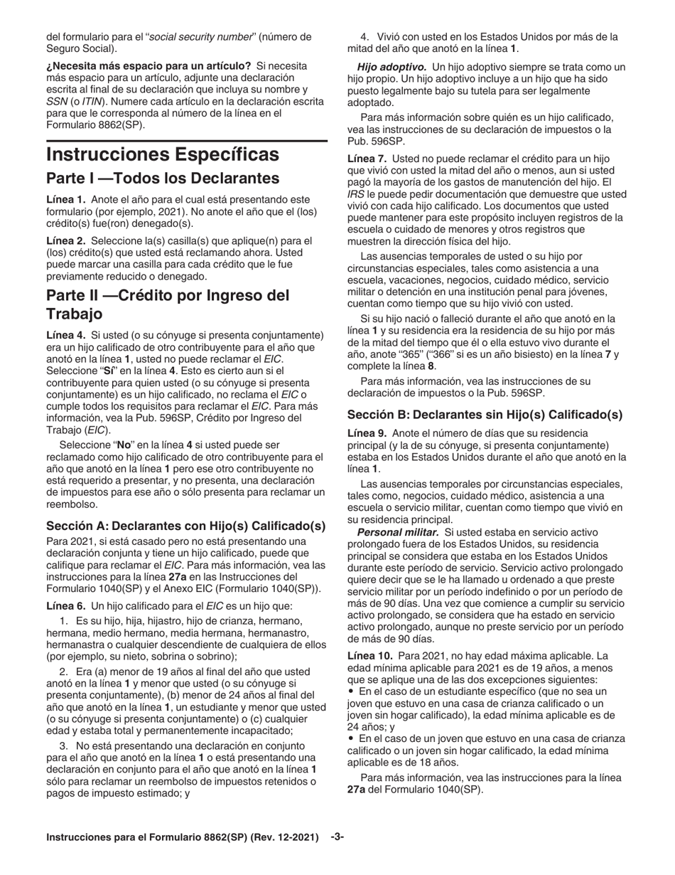 Instrucciones para IRS Formulario 8862(SP) Informacion Para Reclamar Ciertos Creditos Despues De Haber Sido Denegados (Spanish), Page 3