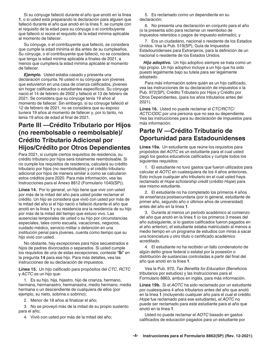 Instrucciones para IRS Formulario 8862(SP) Informacion Para Reclamar Ciertos Creditos Despues De Haber Sido Denegados (Spanish), Page 4