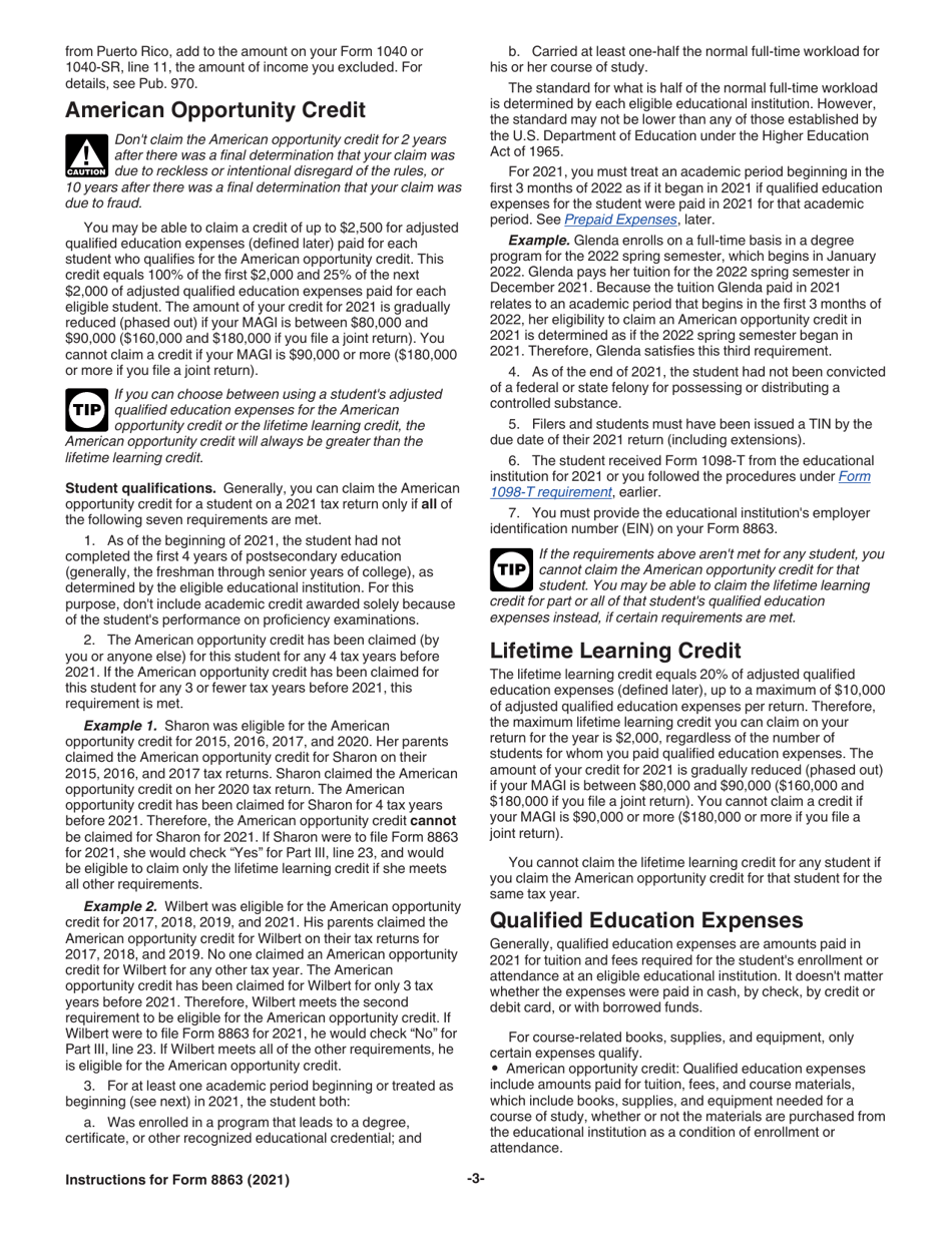 Instructions for IRS Form 8863 Education Credits (American Opportunity and Lifetime Learning Credits), Page 3