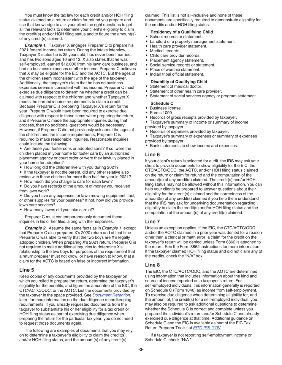 Instructions for IRS Form 8867 Paid Preparers Due Diligence Checklist for the Earned Income Credit, American Opportunity Tax Credit, Child Tax Credit (Including the Additional Child Tax Credit and Credit for Other Dependents), and / or Head of Household Filing Status, Page 3