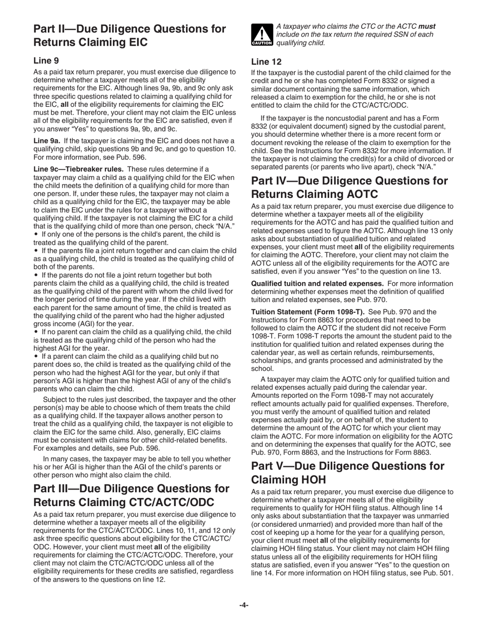 Instructions for IRS Form 8867 Paid Preparers Due Diligence Checklist for the Earned Income Credit, American Opportunity Tax Credit, Child Tax Credit (Including the Additional Child Tax Credit and Credit for Other Dependents), and / or Head of Household Filing Status, Page 4