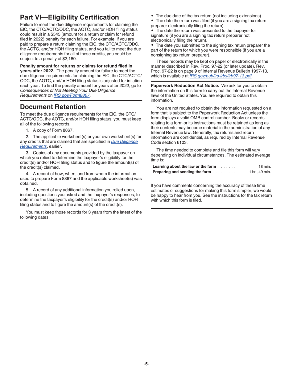 Instructions for IRS Form 8867 Paid Preparers Due Diligence Checklist for the Earned Income Credit, American Opportunity Tax Credit, Child Tax Credit (Including the Additional Child Tax Credit and Credit for Other Dependents), and / or Head of Household Filing Status, Page 5