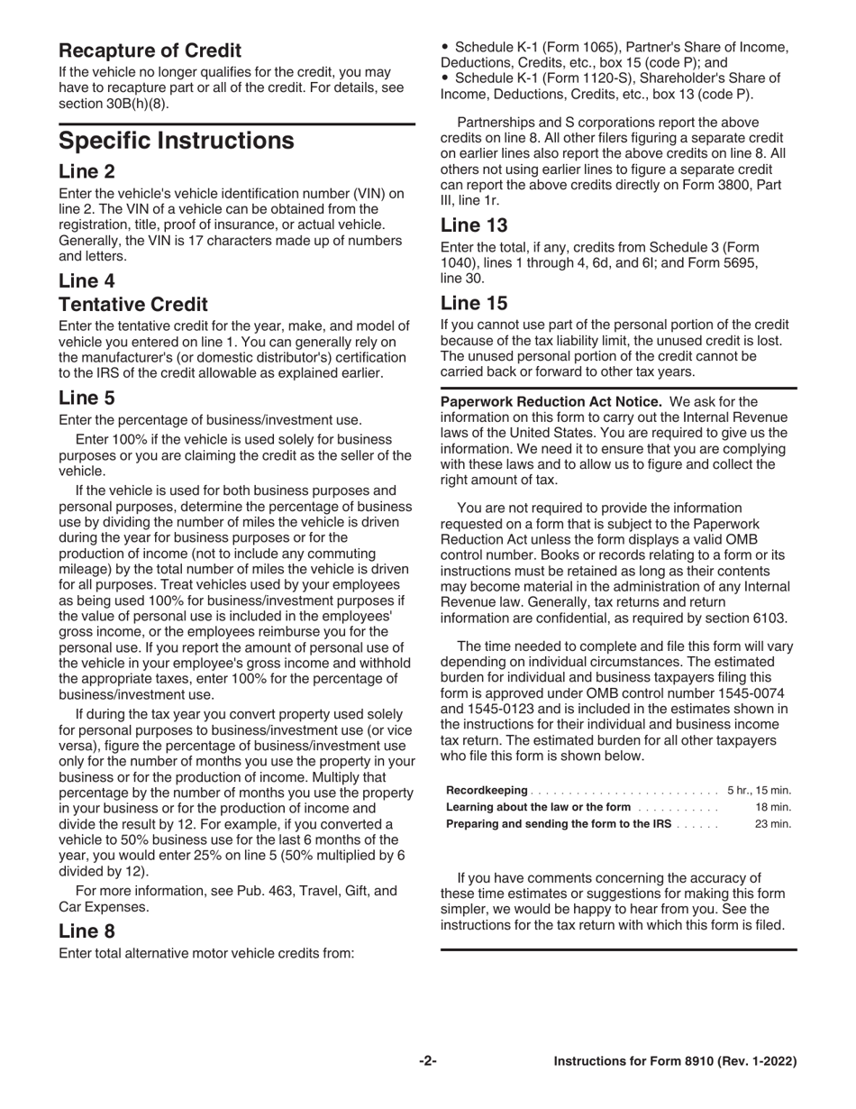 Download Instructions for IRS Form 8910 Alternative Motor Vehicle ...