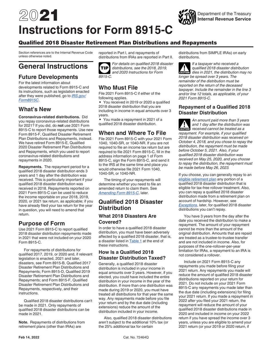 Instructions for IRS Form 8915-C Qualified 2018 Disaster Retirement Plan Distributions and Repayments, Page 1