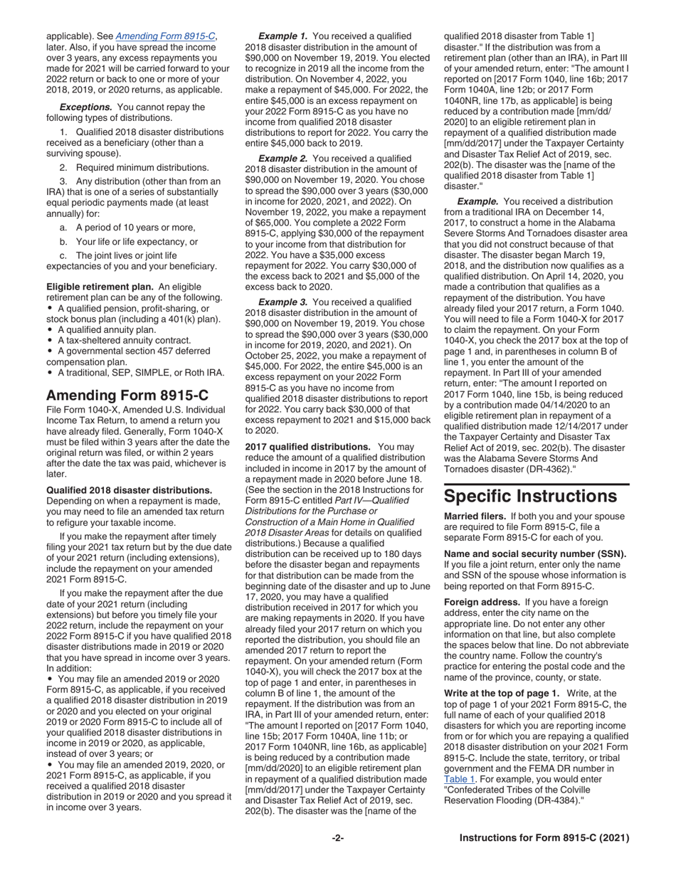 Instructions for IRS Form 8915-C Qualified 2018 Disaster Retirement Plan Distributions and Repayments, Page 2