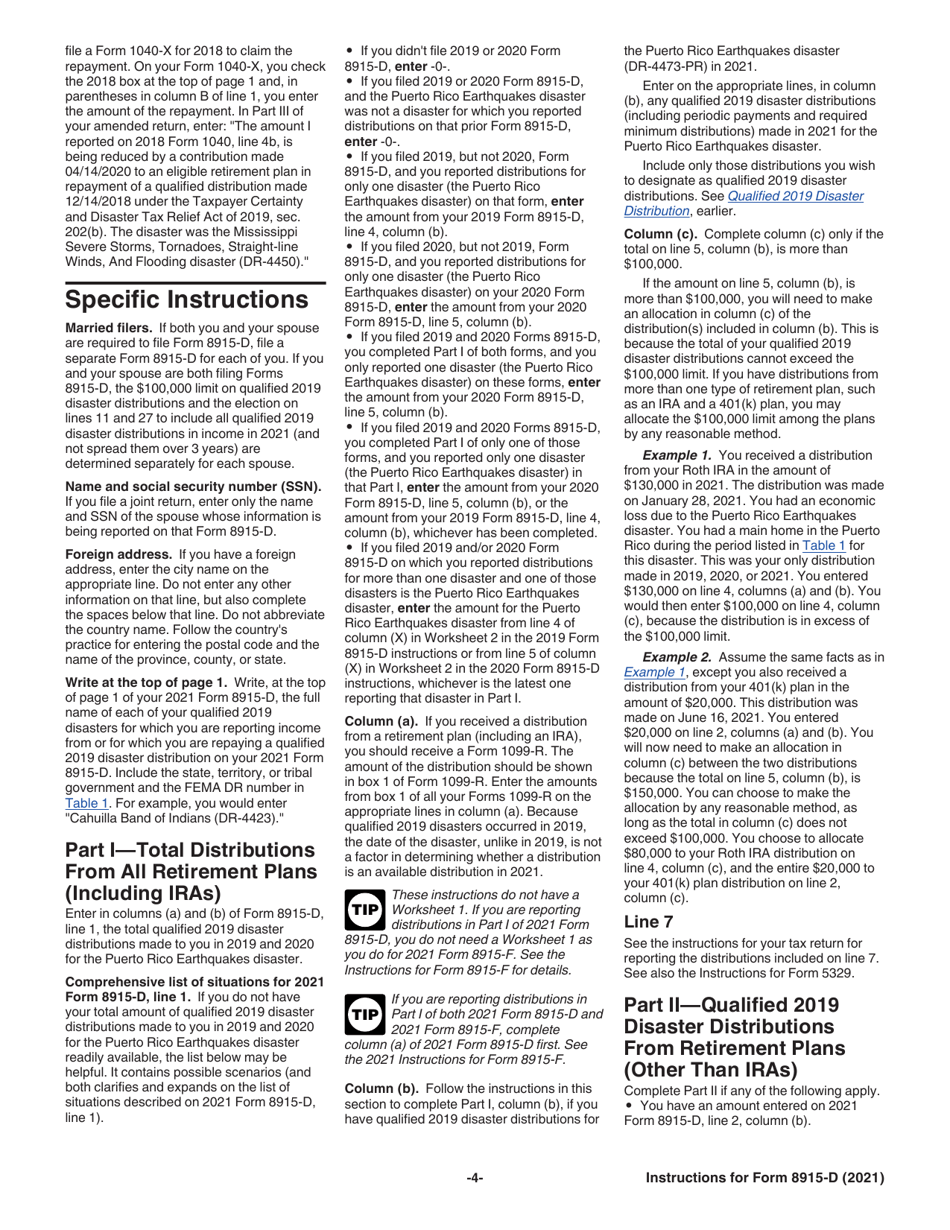 Instructions for IRS Form 8915-D Qualified 2019 Disaster Retirement Plan Distributions and Repayments, Page 4
