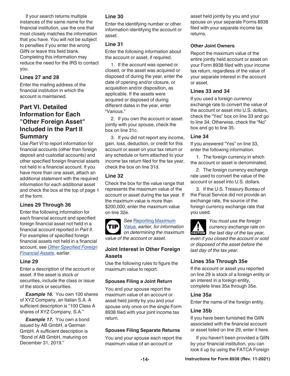 Instructions for IRS Form 8938 Statement of Specified Foreign Financial Assets, Page 14