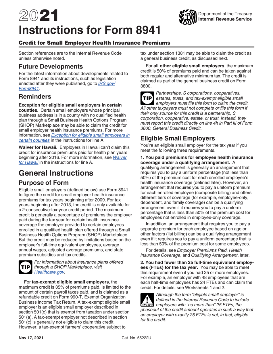 Instructions for IRS Form 8941 Credit for Small Employer Health Insurance Premiums, Page 1
