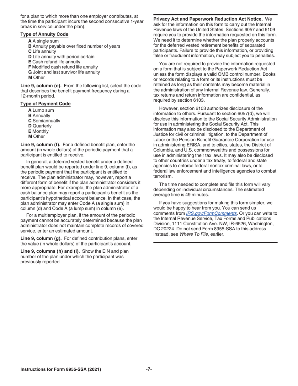 Instructions for IRS Form 8955-SSA Annual Registration Statement Identifying Separated Participants With Deferred Vested Benefits, Page 7