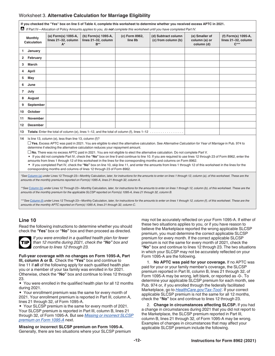 Download Instructions for IRS Form 8962 Premium Tax Credit (Ptc) PDF ...