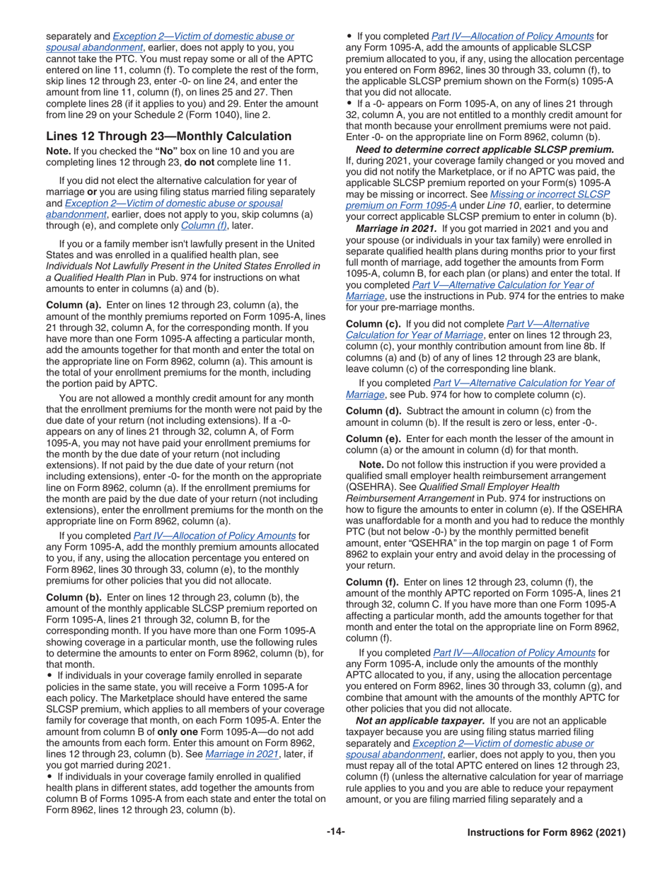 Instructions for IRS Form 8962 Premium Tax Credit (Ptc), Page 14