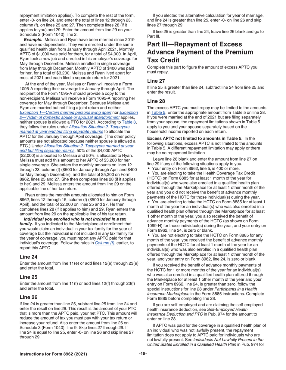 Download Instructions for IRS Form 8962 Premium Tax Credit (Ptc) PDF ...
