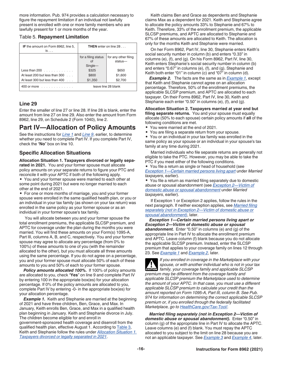 Download Instructions For Irs Form 8962 Premium Tax Credit Ptc Pdf 2021 Templateroller