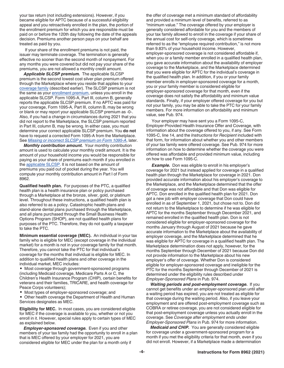 Instructions for IRS Form 8962 Premium Tax Credit (Ptc), Page 4