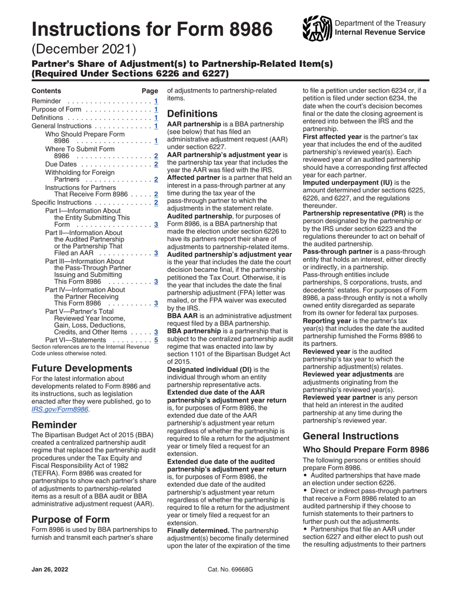 Instructions for IRS Form 8986 Partners Share of Adjustment(S) to Partnership-Related Item(S) (Required Under Sections 6226 and 6227), Page 1