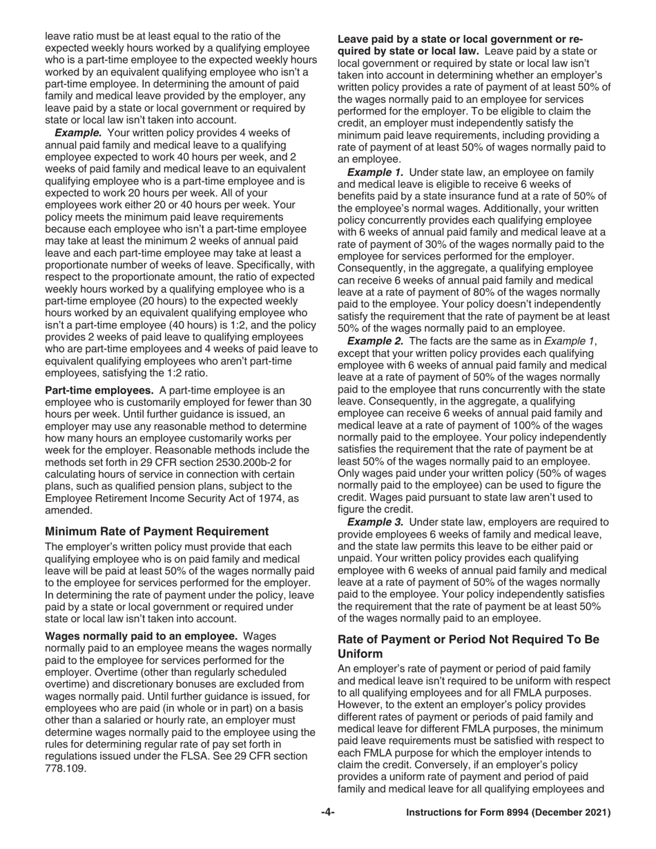 Instructions for IRS Form 8994 Employer Credit for Paid Family and Medical Leave, Page 4