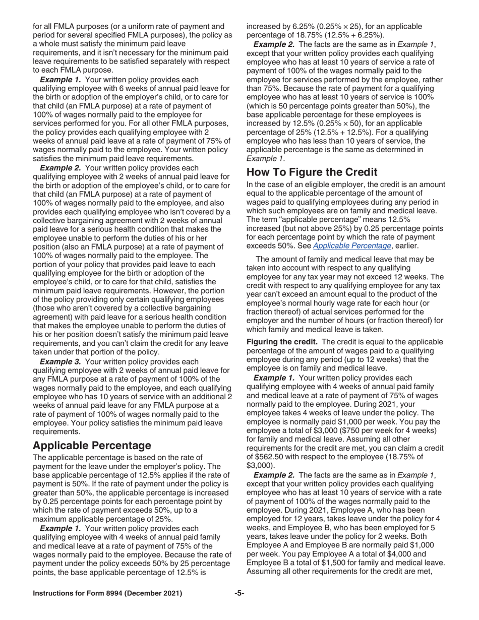 Instructions for IRS Form 8994 Employer Credit for Paid Family and Medical Leave, Page 5