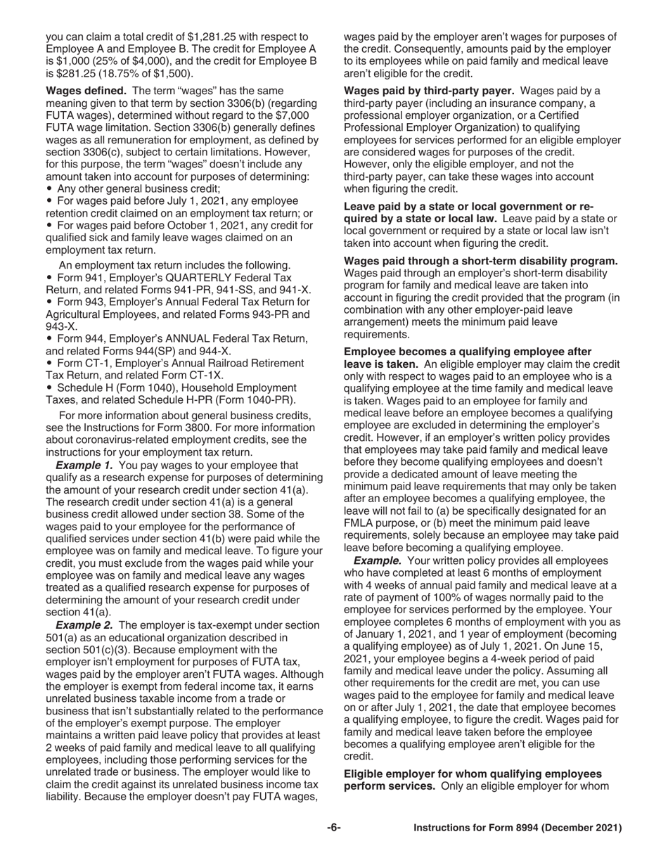 Instructions for IRS Form 8994 Employer Credit for Paid Family and Medical Leave, Page 6