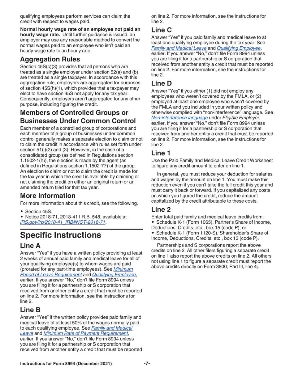 Instructions for IRS Form 8994 Employer Credit for Paid Family and Medical Leave, Page 7