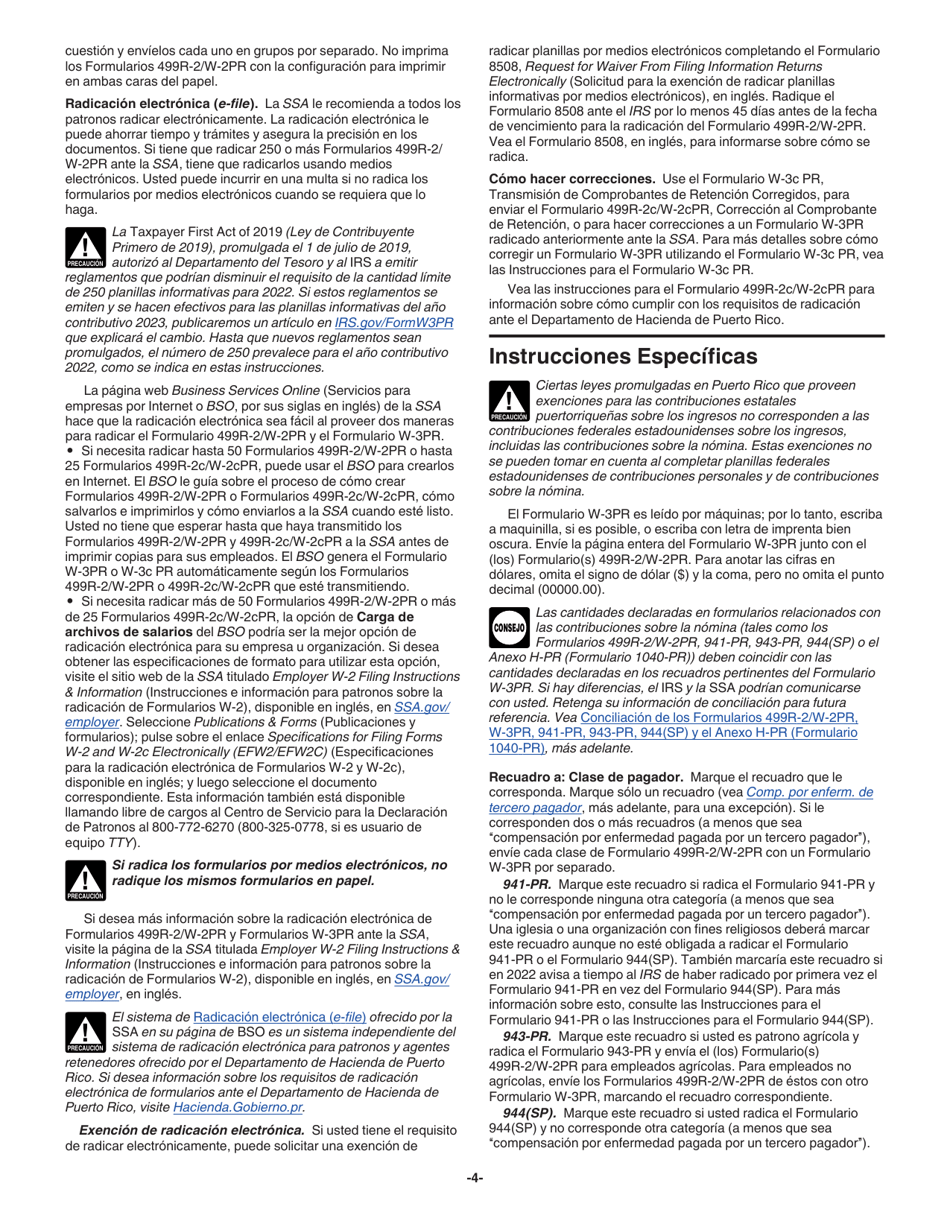 Instrucciones para IRS Formulario W-3PR Informe De Comprobantes De Retencion (Puerto Rican Spanish), Page 4
