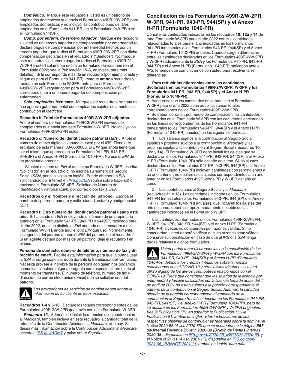 Instrucciones para IRS Formulario W-3PR Informe De Comprobantes De Retencion (Puerto Rican Spanish), Page 5