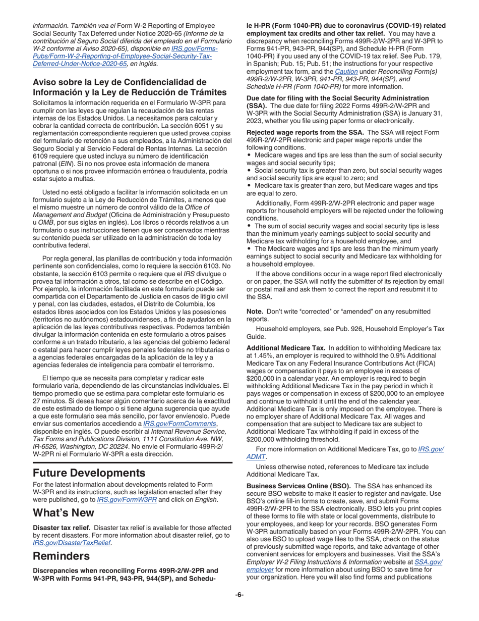 Instrucciones para IRS Formulario W-3PR Informe De Comprobantes De Retencion (Puerto Rican Spanish), Page 6