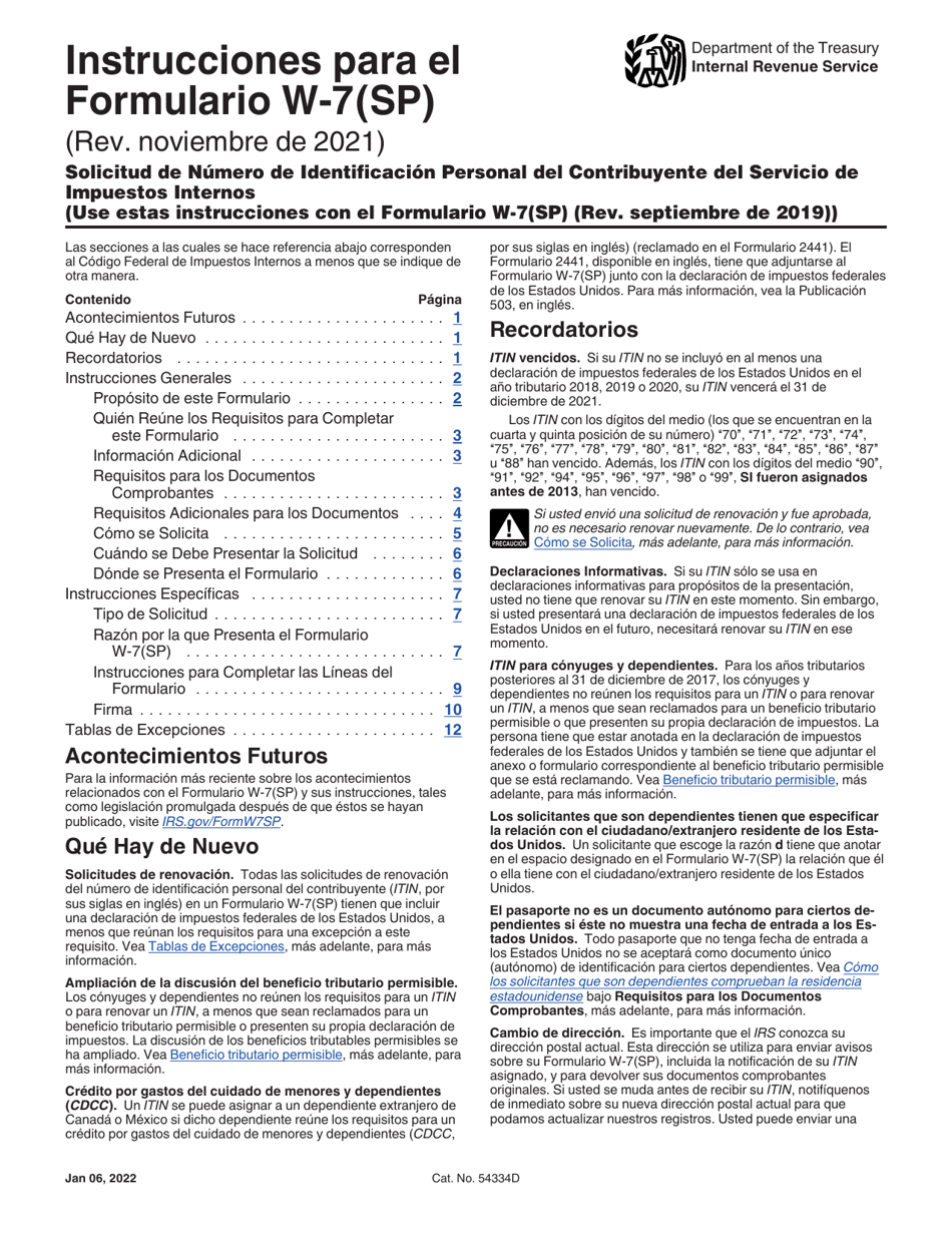Instrucciones para IRS Formulario W-7(SP) Solicitud De Numero De Identificacion Personal Del Contribuyente Del Servicio De Impuestos Internos (Spanish), Page 1