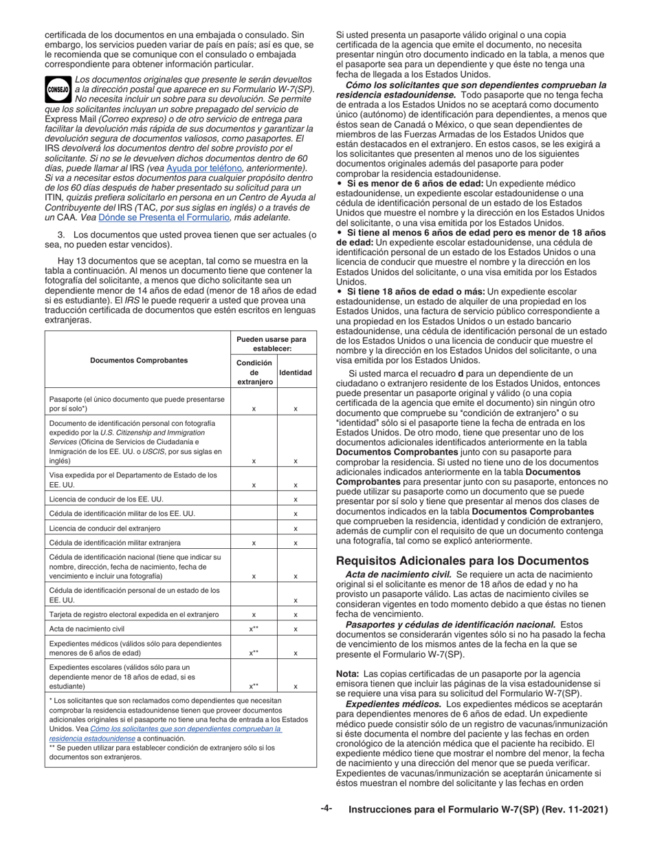 Instrucciones para IRS Formulario W-7(SP) Solicitud De Numero De Identificacion Personal Del Contribuyente Del Servicio De Impuestos Internos (Spanish), Page 4