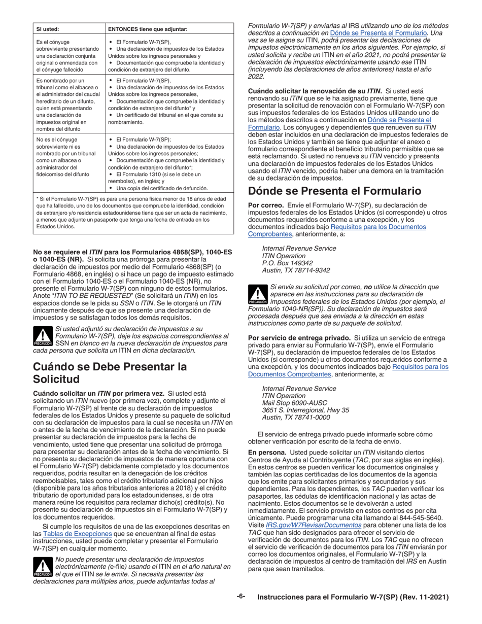 Instrucciones para IRS Formulario W-7(SP) Solicitud De Numero De Identificacion Personal Del Contribuyente Del Servicio De Impuestos Internos (Spanish), Page 6