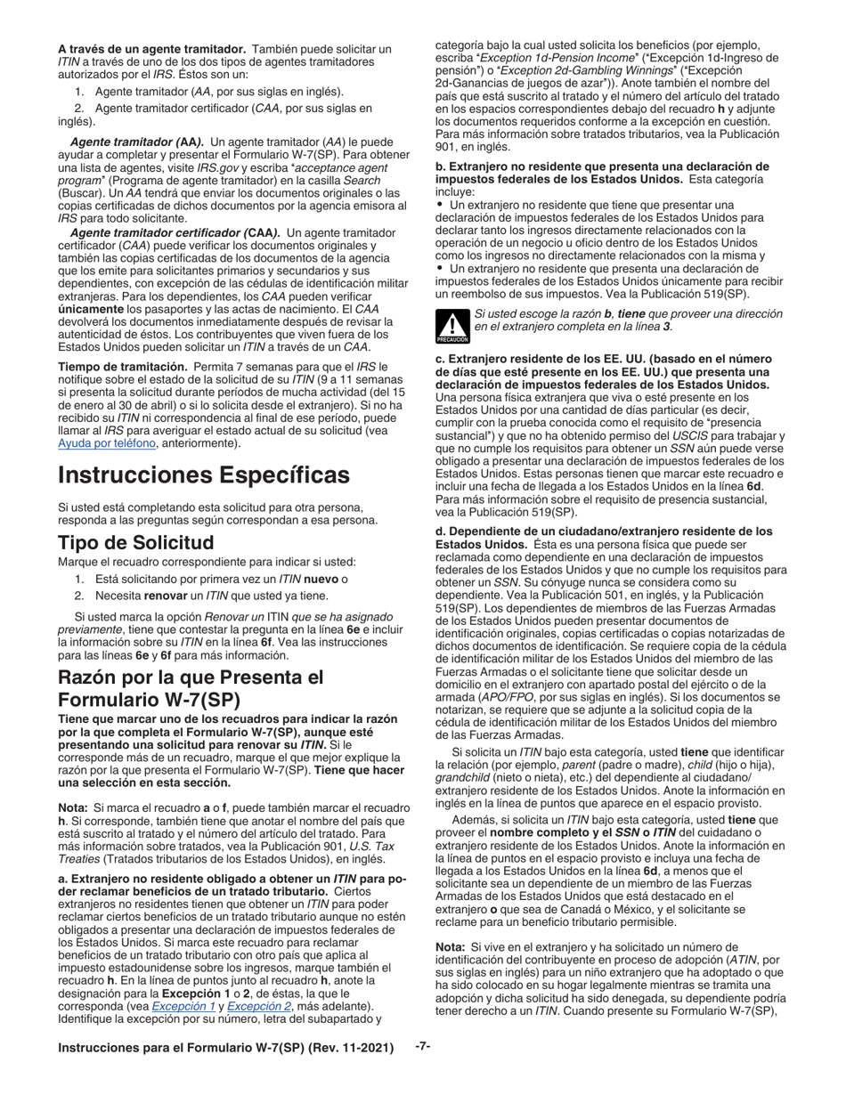 Instrucciones para IRS Formulario W-7(SP) Solicitud De Numero De Identificacion Personal Del Contribuyente Del Servicio De Impuestos Internos (Spanish), Page 7