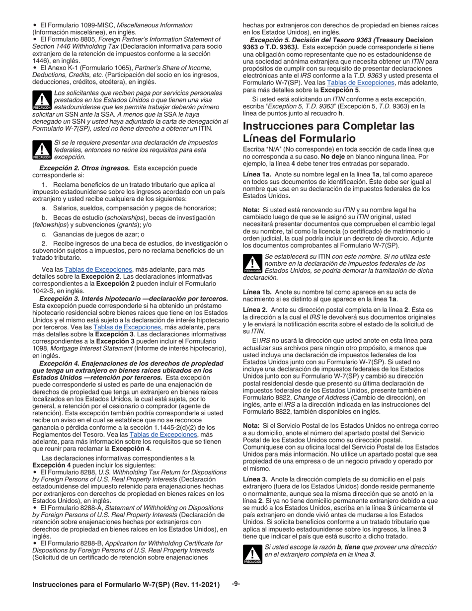 Instrucciones para IRS Formulario W-7(SP) Solicitud De Numero De Identificacion Personal Del Contribuyente Del Servicio De Impuestos Internos (Spanish), Page 9