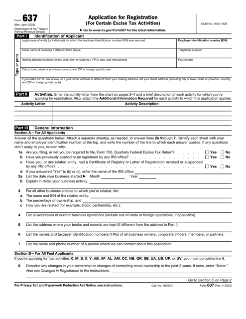 IRS Form 637  Printable Pdf