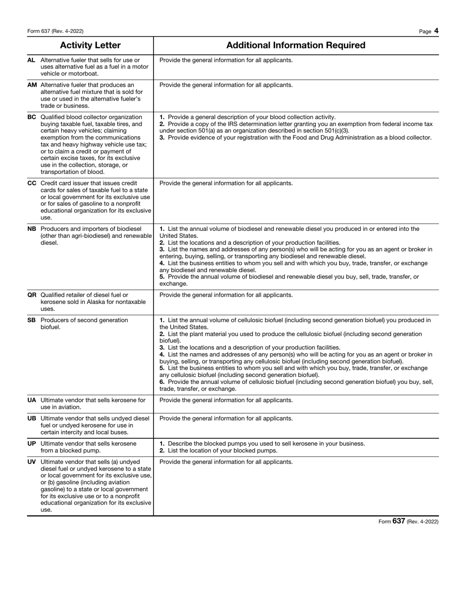 IRS Form 637 Application for Registration (For Certain Excise Tax Activities), Page 4